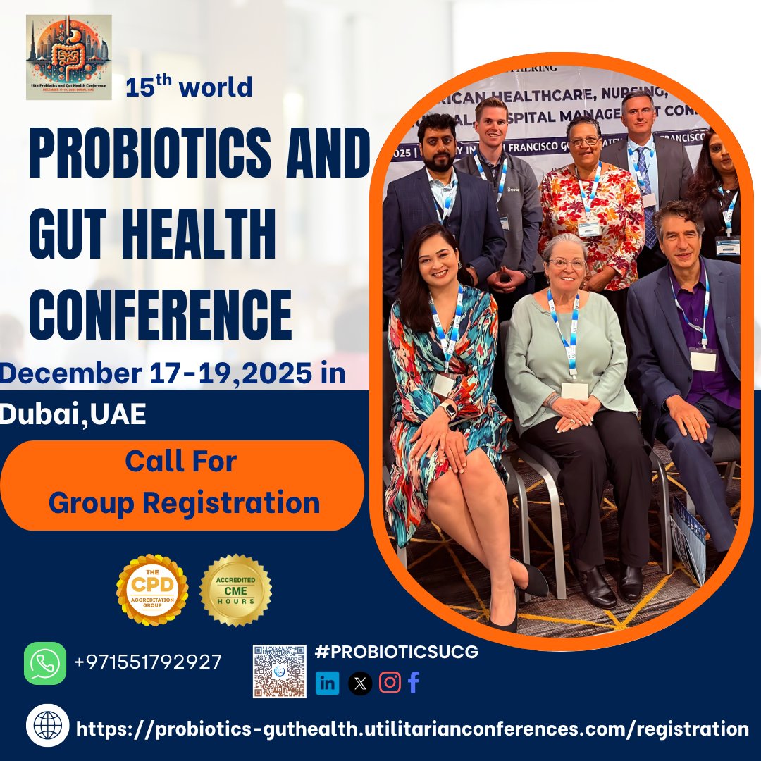 ProbioticsGut's tweet image. Call for Group Registration
Be a part of the 15th World Probiotics and Gut Health Conference from December 17–19, 2025 in Dubai, UAE

#Probiotics #GroupRegistration #GutHealthConference #MicrobiomeScience #DubaiEvents #FunctionalMedicine #HealthResearch #ClinicalNutrition