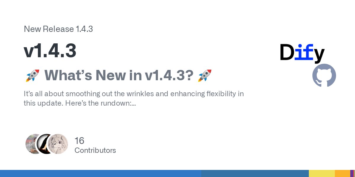 dify_ai's tweet image. 🐞 Dify v1.4.3 is live!

We&apos;ve been listening to our amazing community, and this release is packed with fixes based on your feedback. Here&apos;s what&apos;s new:

🔧 Core Improvements:
- Fixed missing parameters for structured outputs, making your workflows more reliable
- Seamless…