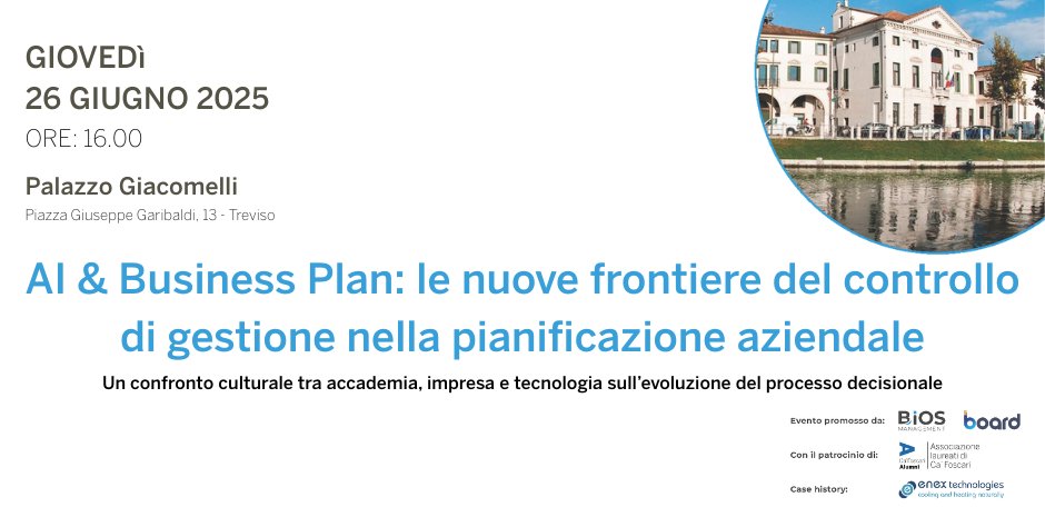 Giovedì 26 giugno, alle 16:00, vi aspettiamo a Palazzo Giacomelli (Treviso) per “AI &amp; Business Plan” per parlare di futuro e innovazione nel controllo di gestione 💡

📍 Tutti i dettagli e iscrizioni qui 👉 bit.ly/AI-BusinessPlan