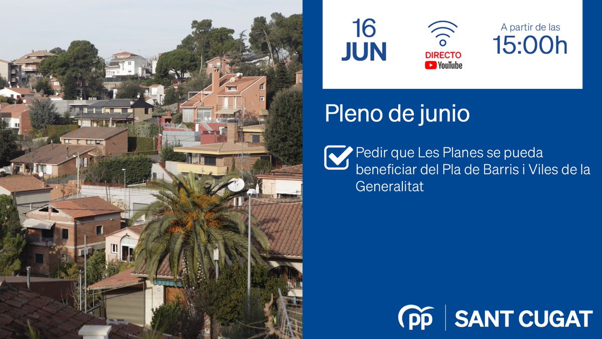 Partit Popular de Sant Cugat (@ppsantcugat) on Twitter photo 💬 Hoy presentamos una moción en el #plestc para que el <a href="/ajsantcugat/">Aj. Sant Cugat</a> reclame a la <a href="/gencat/">Generalitat de Catalunya</a> que incluya #LesPlanes en el Pla de Barris i Vilas.
#SantCugat #LesPlanes #RecetasParaVivirMejor
📺 En directo a partir de las 15 horas en: youtube.com/live/rGFRi9SXu… 💬 Hoy presentamos una moción en el #plestc para que el <a href="/ajsantcugat/">Aj. Sant Cugat</a> reclame a la <a href="/gencat/">Generalitat de Catalunya</a> que incluya #LesPlanes en el Pla de Barris i Vilas.
#SantCugat #LesPlanes #RecetasParaVivirMejor
📺 En directo a partir de las 15 horas en: youtube.com/live/rGFRi9SXu…