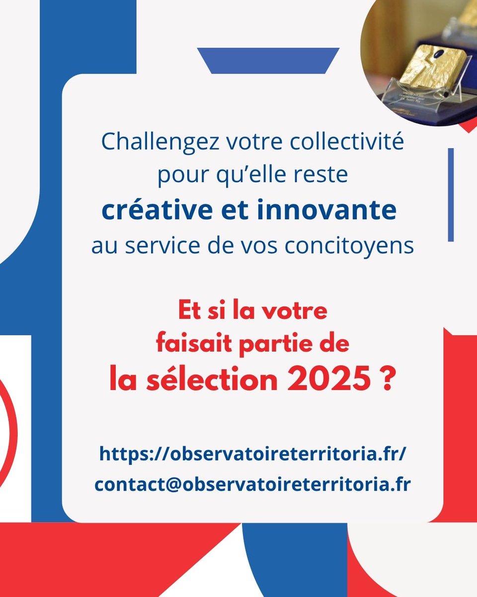 TERRITORIA (@obsterritoria) on Twitter photo ⌛La clôture des candidatures approche à grands pas ! Il reste moins d’un mois pour déposer un dossier au Prix TERRITORIA 2025
📎 Pour plus de détails : lnkd.in/dRVMjkN
👉contact@observatoireterritoria.fr
#EnsembleEssaimonslInnovation 🌍 ⌛La clôture des candidatures approche à grands pas ! Il reste moins d’un mois pour déposer un dossier au Prix TERRITORIA 2025
📎 Pour plus de détails : lnkd.in/dRVMjkN
👉contact@observatoireterritoria.fr
#EnsembleEssaimonslInnovation 🌍