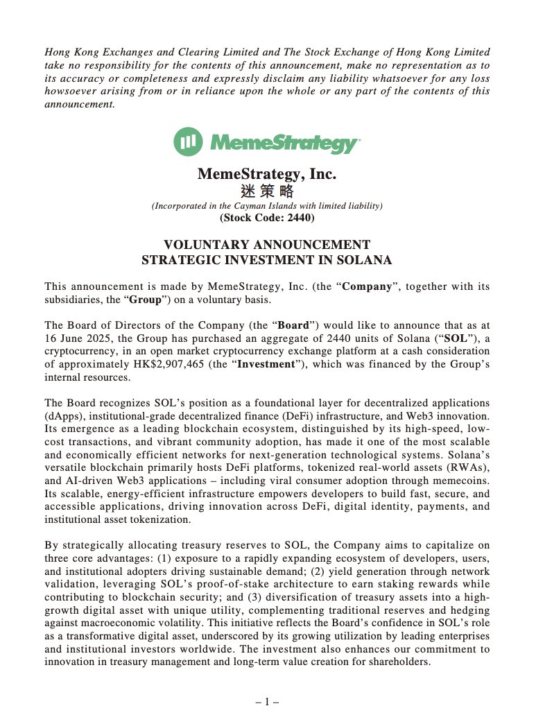 🚨Just in: #MemeStrategy becomes Hong Kong’s first listed firm to invest in #Solana, buying 2,440 $SOL worth HKD 2.9M.

#CoinPedia #CryptoNews #CryptoMarket #Blockchain