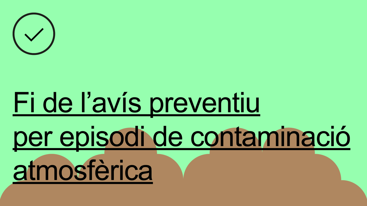 Ajuntament de Barcelona (@bcn_ajuntament) on Twitter photo 📢 DESACTIVAT l'avís preventiu de contaminació atmosfèrica per partícules en suspensió PM10. #BCNQualitatAire #airenetBCN
ℹ️  Més informació > barcelona.cat/qualitataire 📢 DESACTIVAT l'avís preventiu de contaminació atmosfèrica per partícules en suspensió PM10. #BCNQualitatAire #airenetBCN
ℹ️  Més informació > barcelona.cat/qualitataire
