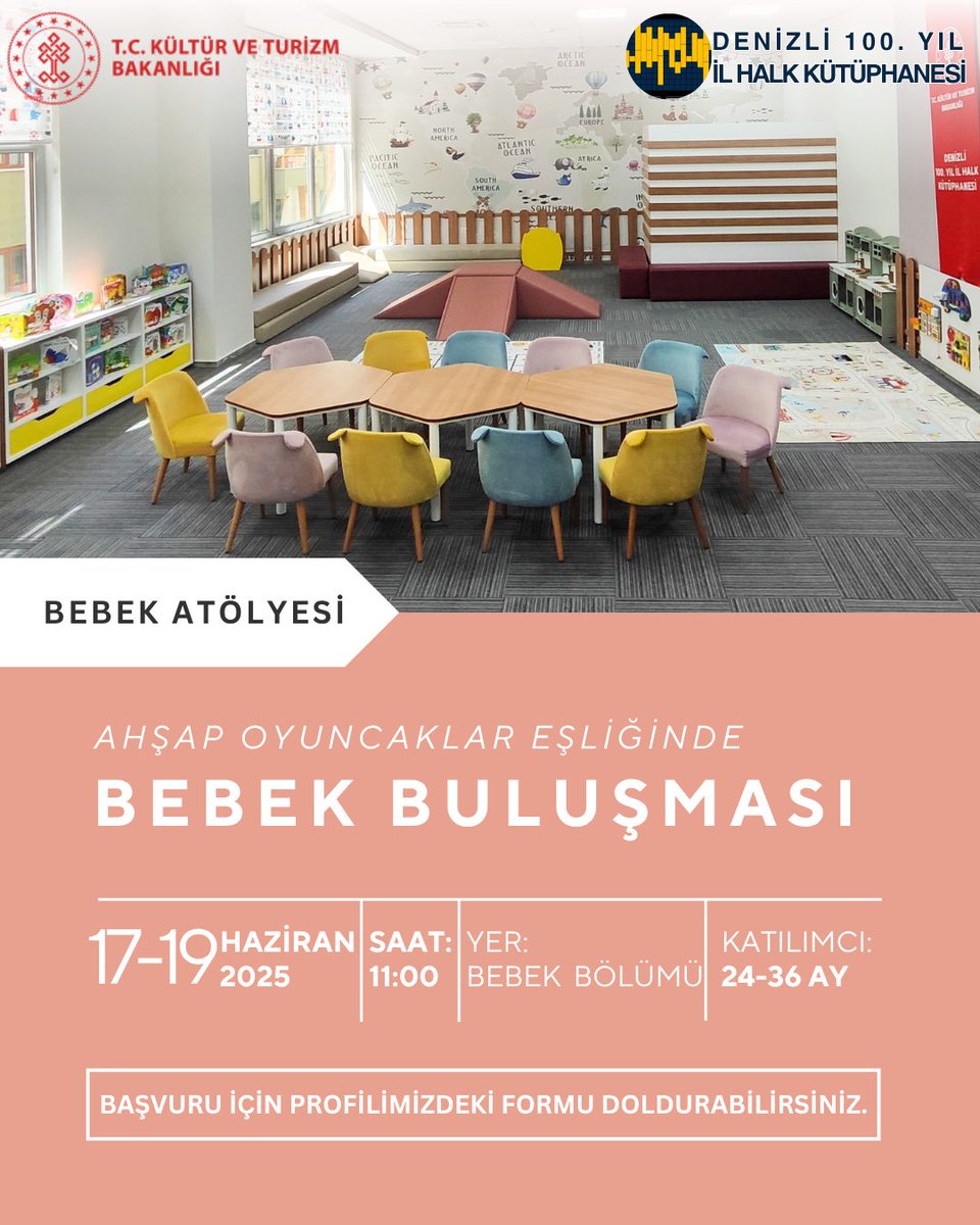 Denizli 100. Yıl İl Halk Kütüphanesi (@kutuphane20) on Twitter photo Kütüphanemizde; 17 Haziran Salı ve 19 Haziran Perşembe günü "Ahşap Oyuncaklar-Bebek Buluşması" gerçekleştirilecektir.
📌Başvurular Instagram profilimizdeki bağlantı üzerinden alınacaktır.
📌 Başvurunuz olumlu ise Instagram DM üzerinden dönüş yapılacaktır.
<a href="/iktm20/">Denizli İl Kültür ve Turizm Müdürlüğü</a> <a href="/KTBKYGM/">KYGM</a> Kütüphanemizde; 17 Haziran Salı ve 19 Haziran Perşembe günü "Ahşap Oyuncaklar-Bebek Buluşması" gerçekleştirilecektir.
📌Başvurular Instagram profilimizdeki bağlantı üzerinden alınacaktır.
📌 Başvurunuz olumlu ise Instagram DM üzerinden dönüş yapılacaktır.
<a href="/iktm20/">Denizli İl Kültür ve Turizm Müdürlüğü</a> <a href="/KTBKYGM/">KYGM</a>