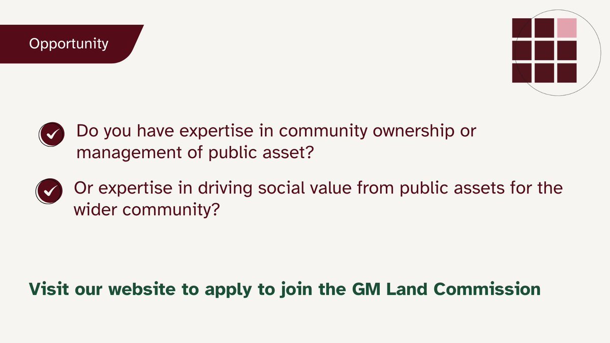 📢 Deadline tomorrow! Submit your expression of interest now

We're seeking two representatives from the voluntary, community, faith and social enterprise (VCFSE) sector to join the Greater Manchester Land Commission. Find out more: vcfseleadershipgm.org.uk/news-and-event…