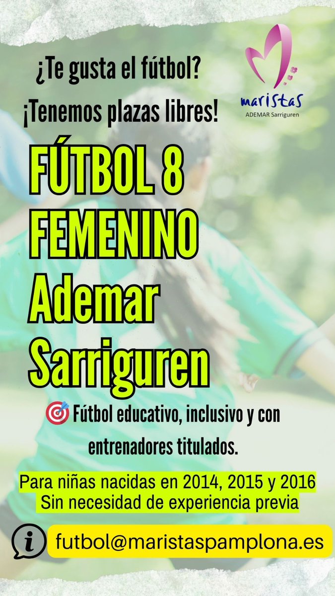 ¿Quieres jugar a fútbol? ¡Tenemos plazas libres para F8 femenino en Ademar Sarriguren! ⚽
Para niñas nacidas en 2014, 2015 y 2016.
Fútbol educativo, inclusivo y sin necesidad de experiencia previa.
📩 futbol@maristaspamplona.es
#Futfem #Ademar