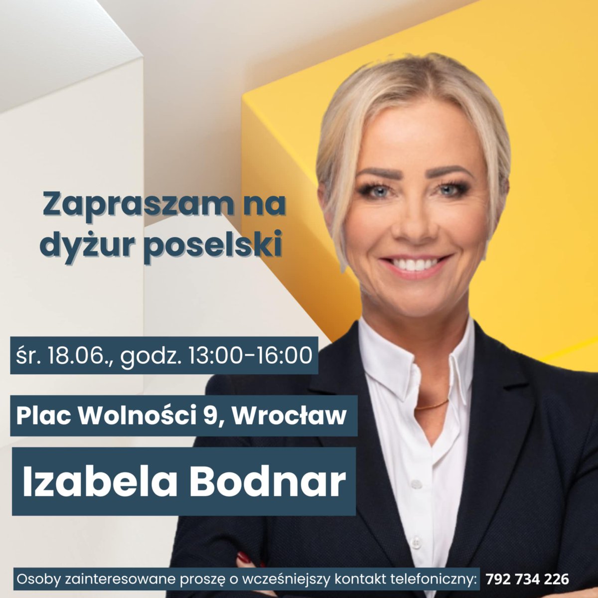 Zapraszam na kolejny dyżur poselski w środę, 18 czerwca w godzinach 13:00-16:00 w moim biurze poselskim przy Pl. Wolności 9 we Wrocławiu.📌

Osoby zainteresowane proszę o wcześniejsze ustalenie godziny poprzez kontakt telefoniczny pod nr 792 734 226. 📲

Do zobaczenia!