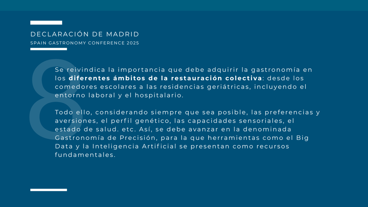 ¿Cómo puede ayudar el Big Data o la IA en el sector gastronómico? La llamada gastronomía de precisión es una de las respuestas.

#gastronomiaESsalud
#gastronomiaESinnovacion
#DeclaraciondeMadrid #SGC25
Spain Gastronomy Conference 2025