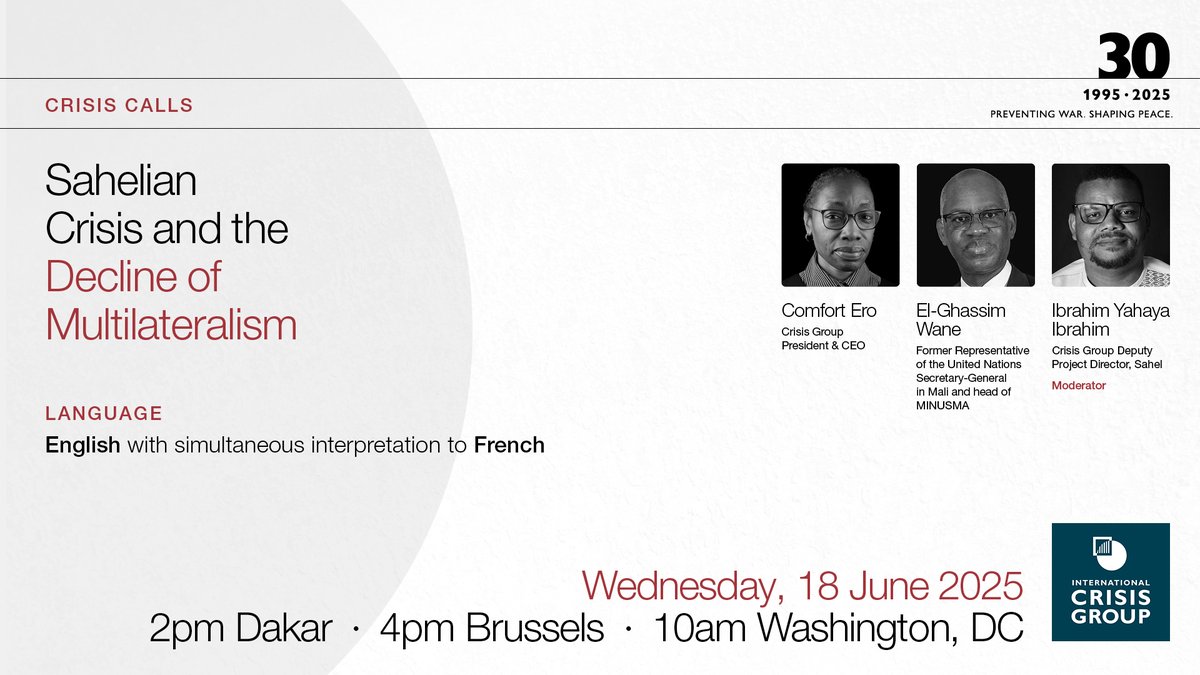 Emmanuel Gamard (@emmanuelgamard) on Twitter photo Register for our online event on the Sahelian crisis and the decline of multilateralism in the region with <a href="/CrisisGroup/">Crisis Group</a> President & CEO <a href="/EroComfort/">Comfort Ero</a> and former UNSG special rep for #Mali <a href="/elghassimw/">El-Ghassim Wane</a>.
Moderated by <a href="/IbrahimYahayaIb/">Ibrahim Yahaya Ib</a>.
🗓️ 18 June | 4pm CET: us06web.zoom.us/webinar/regist… Register for our online event on the Sahelian crisis and the decline of multilateralism in the region with <a href="/CrisisGroup/">Crisis Group</a> President & CEO <a href="/EroComfort/">Comfort Ero</a> and former UNSG special rep for #Mali <a href="/elghassimw/">El-Ghassim Wane</a>.
Moderated by <a href="/IbrahimYahayaIb/">Ibrahim Yahaya Ib</a>.
🗓️ 18 June | 4pm CET: us06web.zoom.us/webinar/regist…