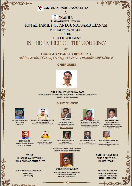 We are delighted to invite you to the book launch of "In the Empire of the God King" by <a href="/TirumalaDevara3/">Tirumala Venkata Devaraya</a>. Join us for an inspiring evening celebrating India’s cultural and historical legacy, in the presence of Hon’ble Minister Sri Jupally Krishna Rao and other distinguished