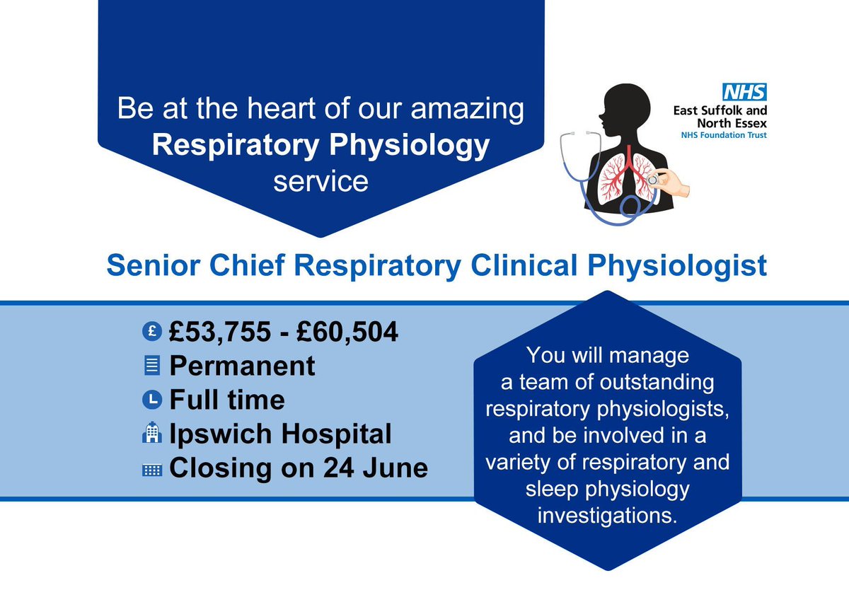 Recruitment @ESNEFT (@recruitmentesn2) on Twitter photo #TeamESNEFT have the perfect job for an experienced and forward thinking Senior Respiratory Physiologist who's an expert in lung function and sleep diagnostics๐ซ๐
๐ป Apply here: buff.ly/ErHcpUq
#NHS #NHSJobs #Respiratory #Sleep #Physiology #HiringNow <a href="/ahcsuk/">Academy for Healthcare Science</a> #TeamESNEFT have the perfect job for an experienced and forward thinking Senior Respiratory Physiologist who's an expert in lung function and sleep diagnostics๐ซ๐
๐ป Apply here: buff.ly/ErHcpUq
#NHS #NHSJobs #Respiratory #Sleep #Physiology #HiringNow <a href="/ahcsuk/">Academy for Healthcare Science</a>