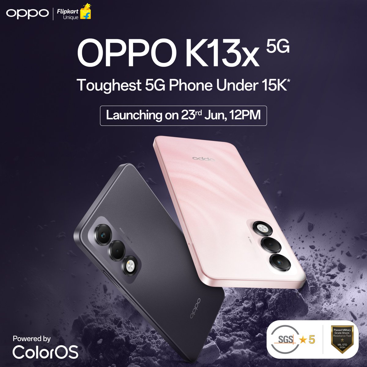 Your wait for the toughest 5G phone under ₹15K* ends soon. The #OPPOK13x launches on June 23. Ready? #LiveUnstoppable

know more : bit.ly/3HEjh8D