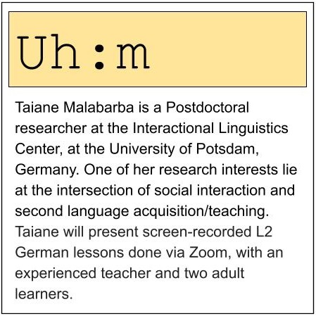 DATA SESSION: We are delighted to announce on Mon 23rd June at 13:30 UK time, we welcome Taiane Malabarba to present data from online L2 German language lessons. 

The Zoom link has been shared by email. Please DM if you'd like to join us.

We look forward to welcoming you 😊