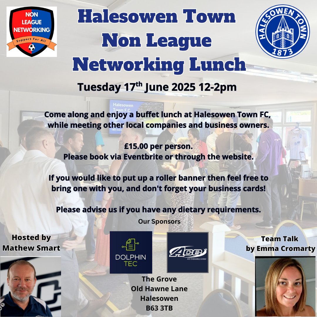 Non League Networking (@n_l_networking) on Twitter photo Tomorrow from 12-2pm we return to <a href="/halesowentownfc/">Halesowen Town FC</a> for another networking lunch - come and join us!
We know the food will be ace and the company even acer!
Build your business connections in a relaxed environment.
Book here: eventbrite.co.uk/e/138246141229…
#NonLeagueNetworking Tomorrow from 12-2pm we return to <a href="/halesowentownfc/">Halesowen Town FC</a> for another networking lunch - come and join us!
We know the food will be ace and the company even acer!
Build your business connections in a relaxed environment.
Book here: eventbrite.co.uk/e/138246141229…
#NonLeagueNetworking