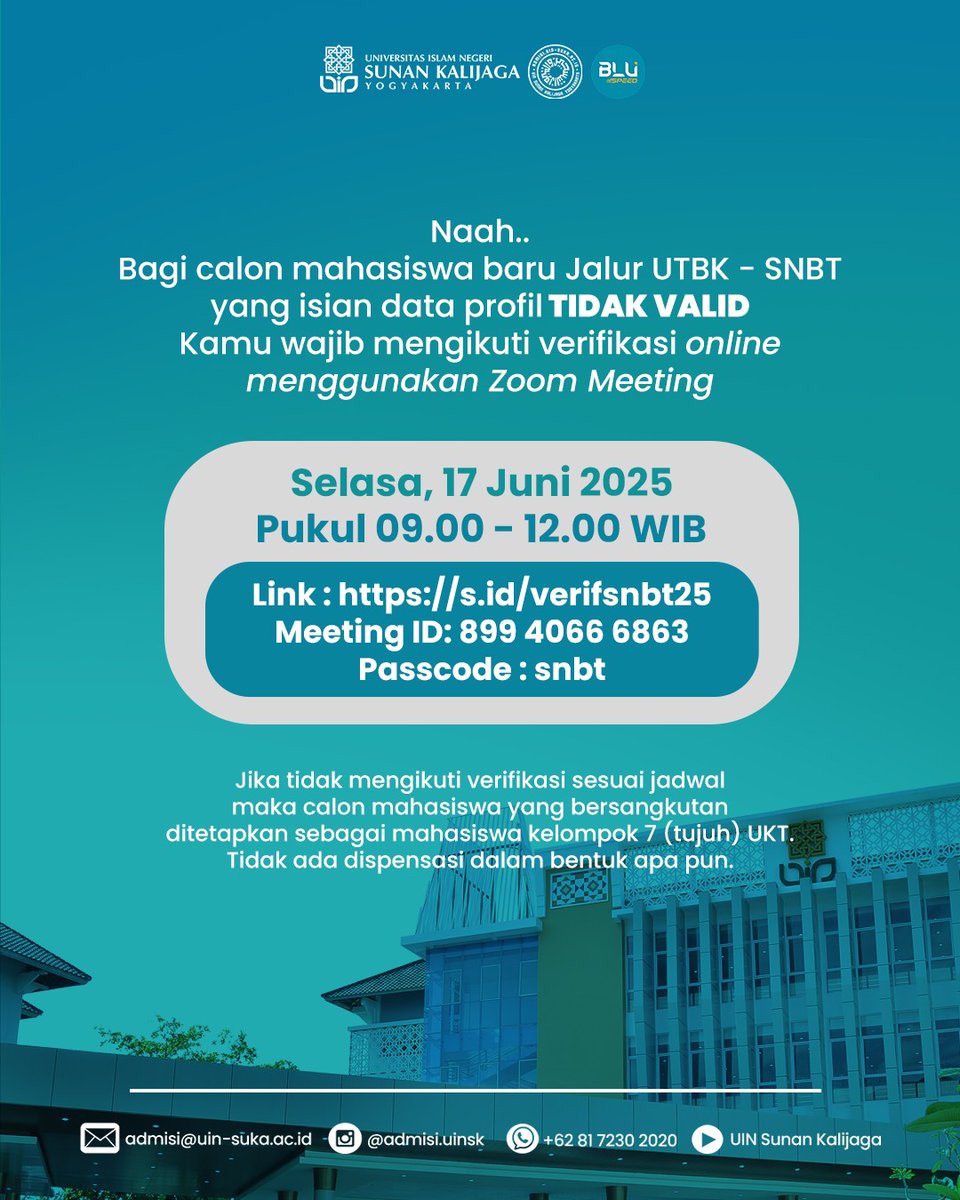Yuhuiii...saatnya cek UKT buat kamu yang kemarin lolos di jalur UTBK-SNBT! 
Hasil UKT bisa dicek pada laman dataprofil.uin-suka.ac.id dan jadwal registrasi bisa kamu lihat di website admisi.uin-suka.ac.id kolom pengumuman.
#uinsk #uinsuka #uinsunankalijaga #uinjogja #ukt #snbt