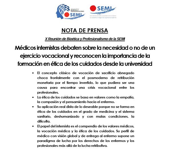 📢Nota de prensa #10BioéticaSEMI | 🔴 "Médicos internistas debaten sobre la necesidad o no de un ejercicio vocacional y reconocen la importancia de la formación en ética de los cuidados desde la universidad" 🏥🩺
🔗 acortar.link/E4Dyp5 #MedicinaInterna