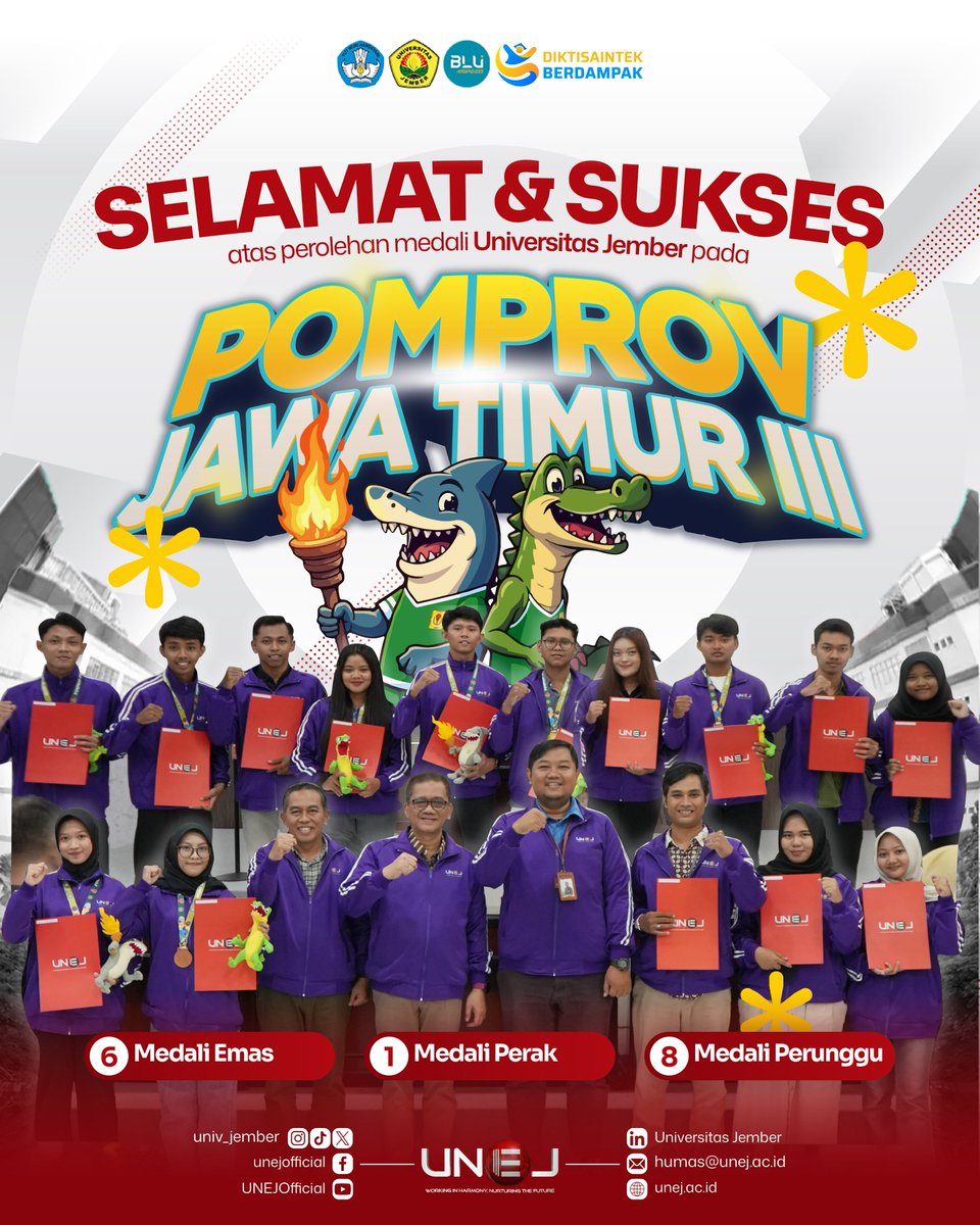 Mahasiswa UKM Taekwondo UNEJ Sumbang Emas dan Perak di POMPROV III Jatim 2025
unej.ac.id/blog/2025/06/1…
#UNEJ
#UniversitasJember
#InfoUNEJ
#UNEJNews
#BeritaUNEJ