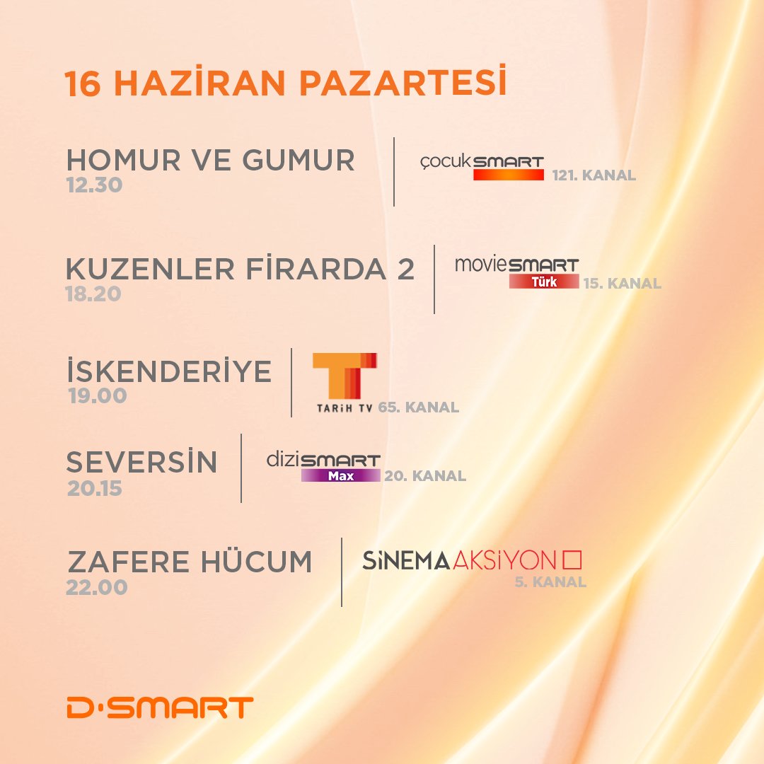 16 Haziran Pazartesi #DSmart yayın akışı 🧡 

#Pazartesi