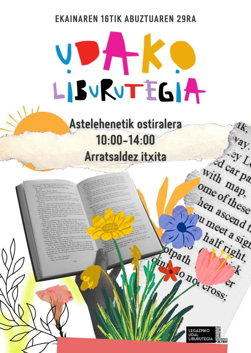 📖 ☀️ Legazpiko Udal liburutegia udan. 
Ekainaren 16tik abuztuaren 29ra
goizeko 🕙 10:00etatik 🕑 14:00etara. 
Arratsaldez itxita

#legazpiherria