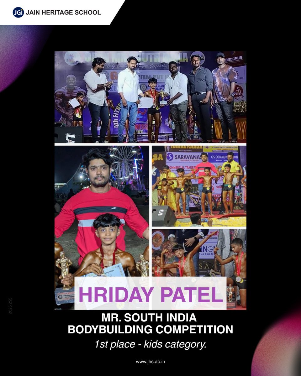 Hriday Patel of Class 6 flexed his way to 1st place at the Mr. South India Bodybuilding Competition (Kids Category) held on 8th June in Chennai!
He was awarded a prestigious memento and certificate for his incredible performance.

#JHS #JAINHeritageSchool #JHSChampion