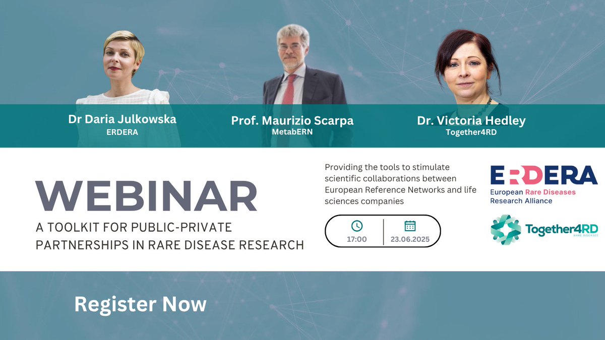 ERDERA (@erdera_org) on Twitter photo π Join us on 23 June at 17:00 CEST for the launch of the <a href="/Together4RD/">Together for Rare Diseases</a> Toolkit β a key resource to boost ERN-industry collaboration in #RareDisease research.
πΉ Practical tools
πΉ Real-world cases
πΉ Expert speakers
π Register: loom.ly/9TZyyX4
#ERDERA #Together4RD π Join us on 23 June at 17:00 CEST for the launch of the <a href="/Together4RD/">Together for Rare Diseases</a> Toolkit β a key resource to boost ERN-industry collaboration in #RareDisease research.
πΉ Practical tools
πΉ Real-world cases
πΉ Expert speakers
π Register: loom.ly/9TZyyX4
#ERDERA #Together4RD