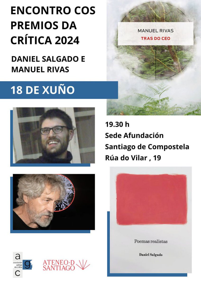 apiario (@apiario_) on Twitter photo Este mércores temos un encontro cos Premios da crítica 2024.
En poesía, <a href="/DanielSalgadoGa/">Daniel Salgado García</a> cos “Poemas realistas” editado por Apiario, e en narrativa <a href="/Rivasbarrs/">manuel rivas barrós</a> coa novela “Tras do ceo” editada por <a href="/Xerais/">Xerais</a>
Para non perder! Este mércores temos un encontro cos Premios da crítica 2024.
En poesía, <a href="/DanielSalgadoGa/">Daniel Salgado García</a> cos “Poemas realistas” editado por Apiario, e en narrativa <a href="/Rivasbarrs/">manuel rivas barrós</a> coa novela “Tras do ceo” editada por <a href="/Xerais/">Xerais</a>
Para non perder!