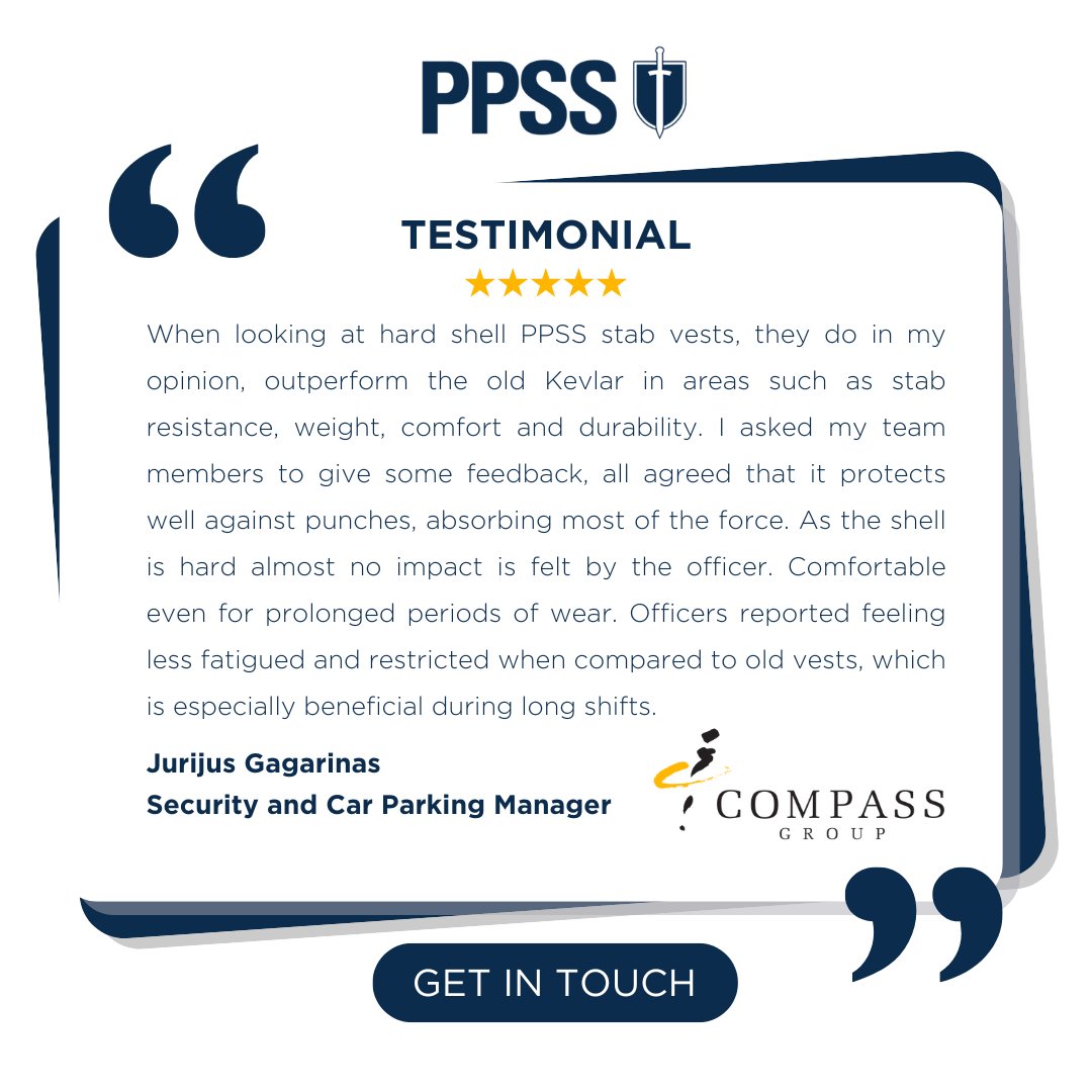 When lives are on the line, performance matters.🦺

Compass Group recently shared their team’s experience with our Stab-Resistant Body Armour.

Thank you for trusting PPSS Group to help keep your frontline secure.

#BodyArmour