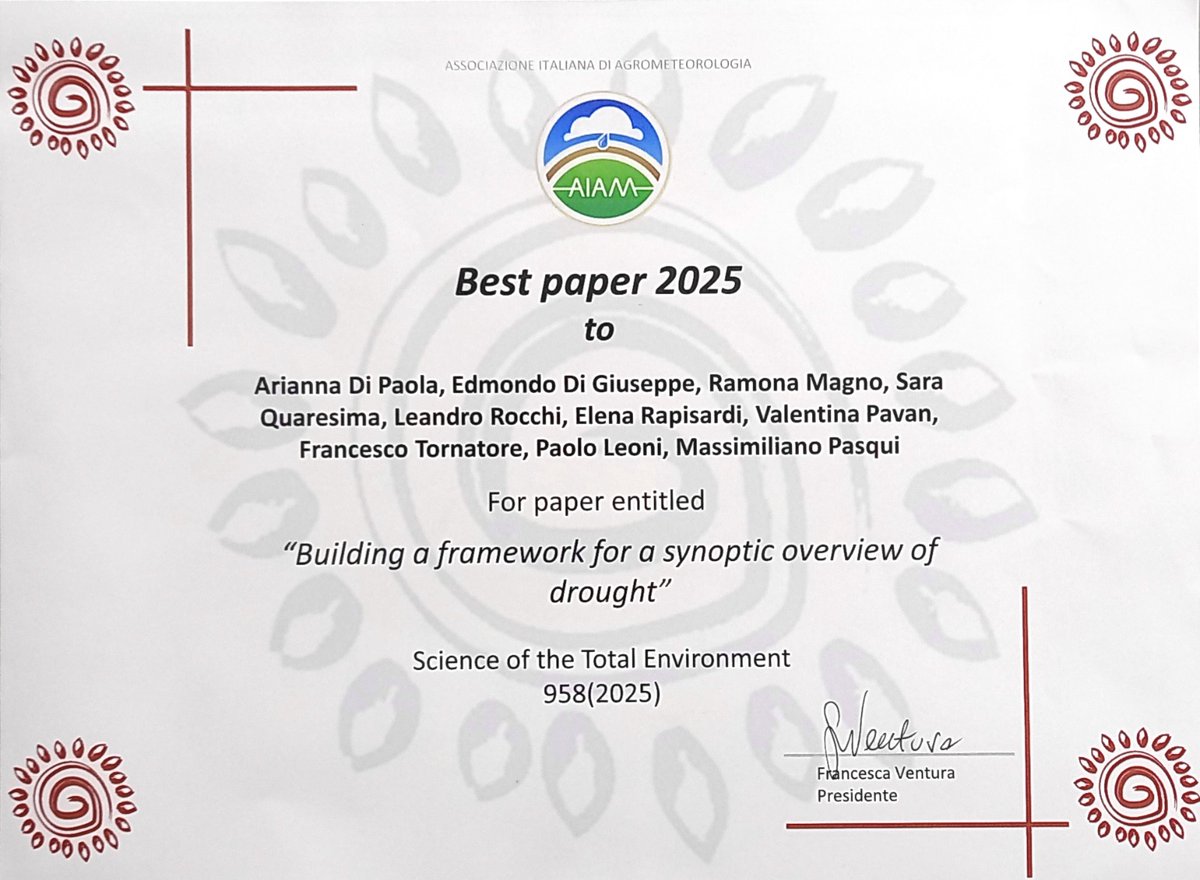 Droughtcentral's tweet image. 🌟Il team del Drought Central CNR-IBE ha conquistato il premio “Best Paper 2025” 👏 al XXVII Convegno Nazionale AIAM-Associazione Italiana di Agrometeorologia (Osimo 11-13 giugno).
👉 Qui il paper: lnkd.in/dDC5sb23