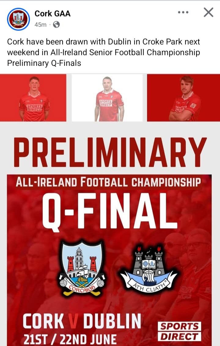 It's Cork Vs Dublin 💪 <a href="/OfficialCorkGAA/">Cork GAA</a>