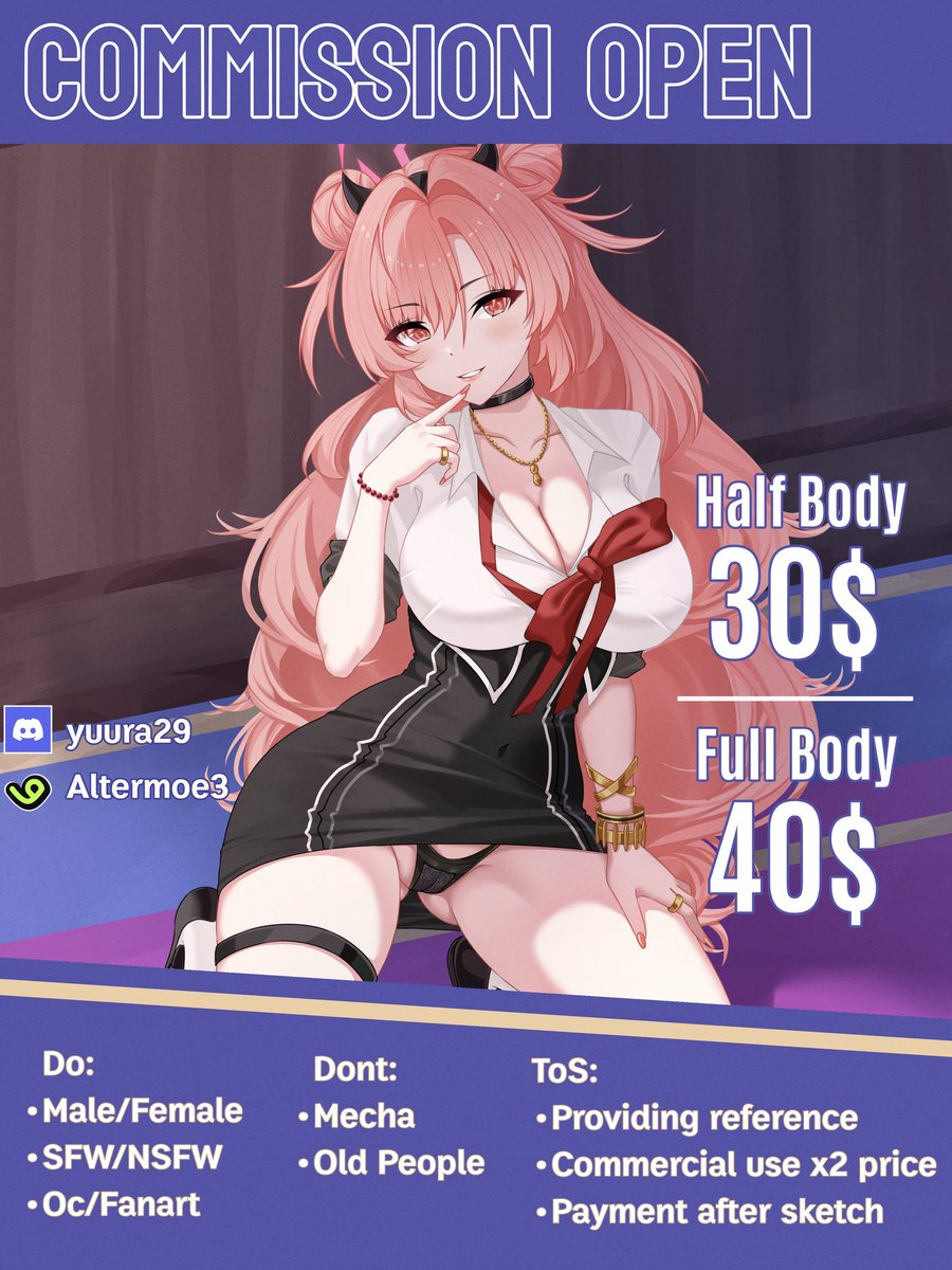 ❤️Re-X are really appreciated❤️
Hello Everyone! i opened the commission for this month

If you're interested, you can contact me on DM, Vgen or Discord: yuura29
Thank you🥰
More sample: vgen.co/Altermoe3/port…

#commissionopen #VGenComm #VGenOpen #Commission #commissionart