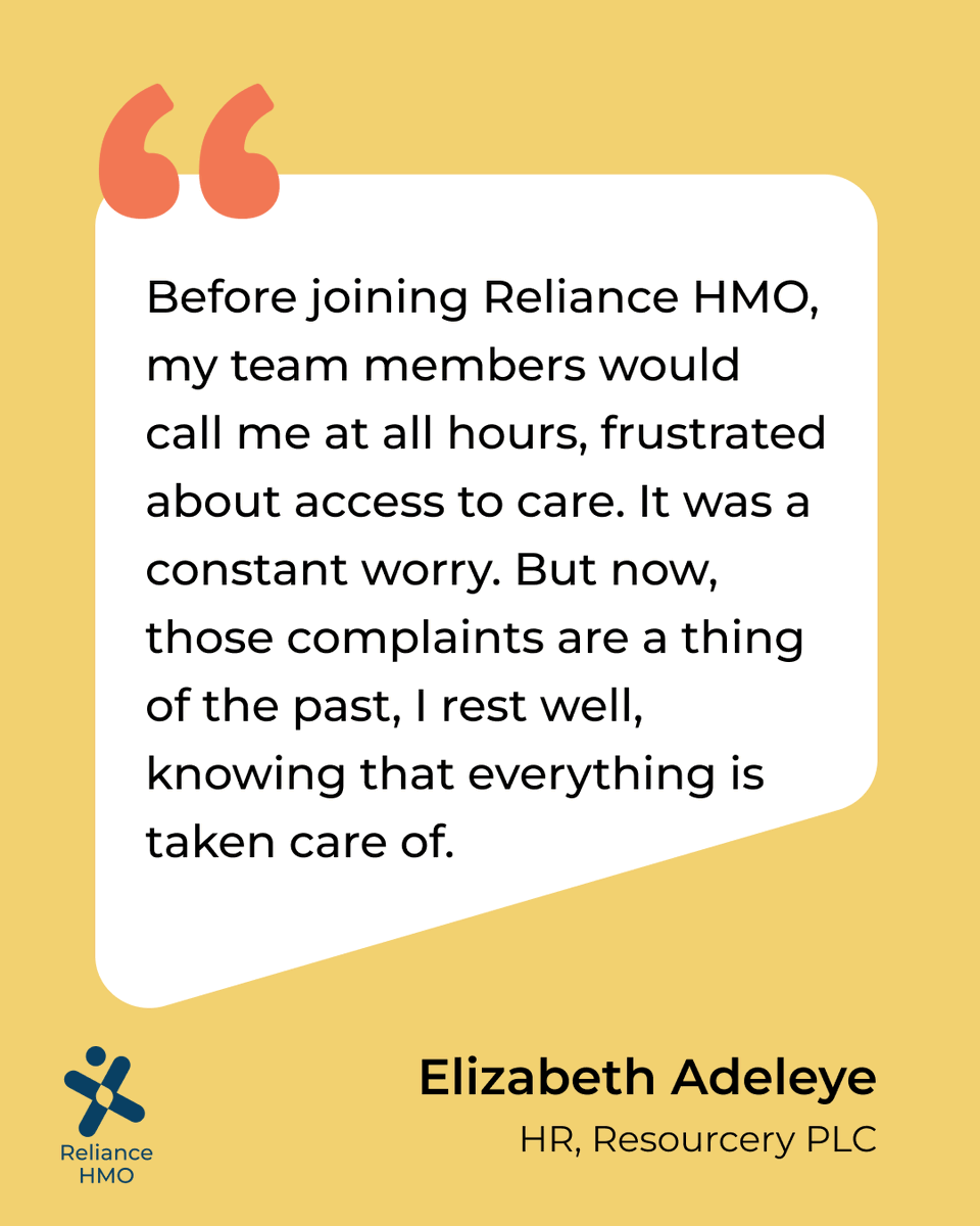 Peace of mind is priceless! 

Since switching to Reliance HMO, Elizabeth sleeps easy knowing her team members are covered whenever they need access to healthcare. 

Send this to your HR 🥰

You can rely on us.