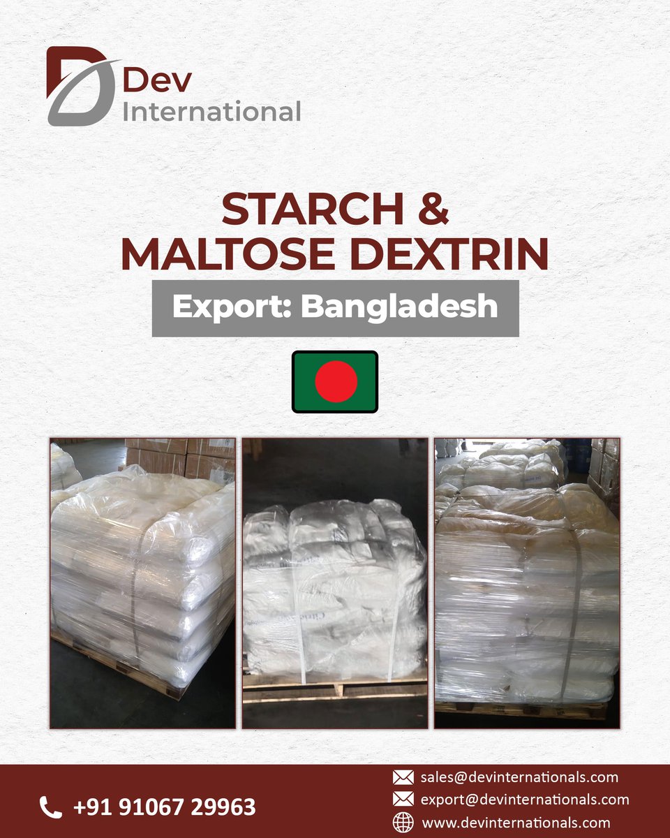 DevInternation4's tweet photo. Another successful export of Starch &amp; Maltose Dextrin to Bangladesh by Dev International. Quality you can trust, service you can rely on.

#devinternational #starchexport #maltosedextrin #export #internationalbusiness #qualityproducts #bangladesh #globaltrade #rawmaterials https://t.co/uJ2QiDV9VC
