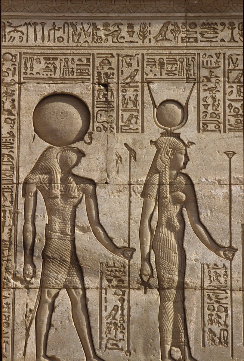 Ra-Horakhty and Hathor, depicted at the Temple of Hathor at Dendera, c. 54 B.C. – 100 A.D.

“Ra-Horakhty, great god, lord of the sky, who gives life” &amp; “Hathor, great one, lady of Dendera, eye of Ra, queen of the gods”.

egypt-museum.com/the-dendera-zo…