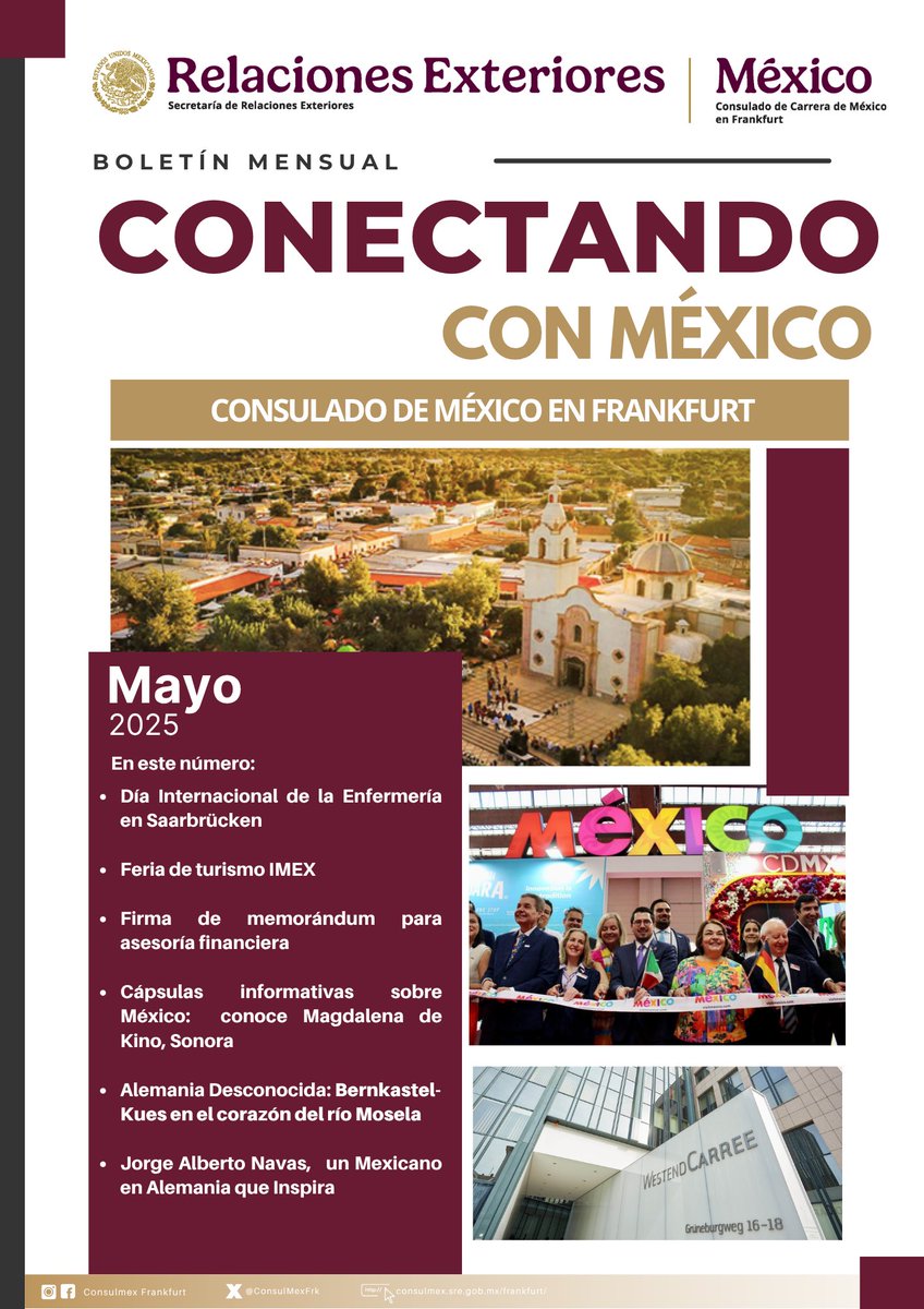 📰¡Ya está disponible nuestro boletín Conectando con #México🇲🇽 del mes de mayo!
🖊️Conoce a un Mexicano en Alemania que inspira, Jorge Alberto Navas
📇No te pierdas las actividades más destacadas del Consulado
🗞¡Comparte!⤵️ 

portales.sre.gob.mx/saladeprensa/l…