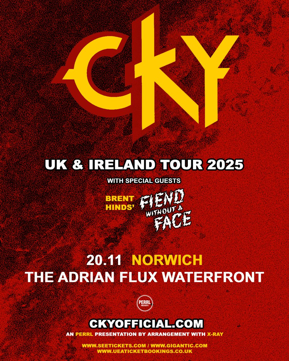 🚨ON SALE NOW🚨

We are so stoked to confirm Pennsylvania rockers CKY return to The Waterfront on 20th November with special guest former Mastodon lead guitarist Brent Hinds' Fiend Without A Face.

Tickets on sale NOW! ueaticketbookings.co.uk/event/cky