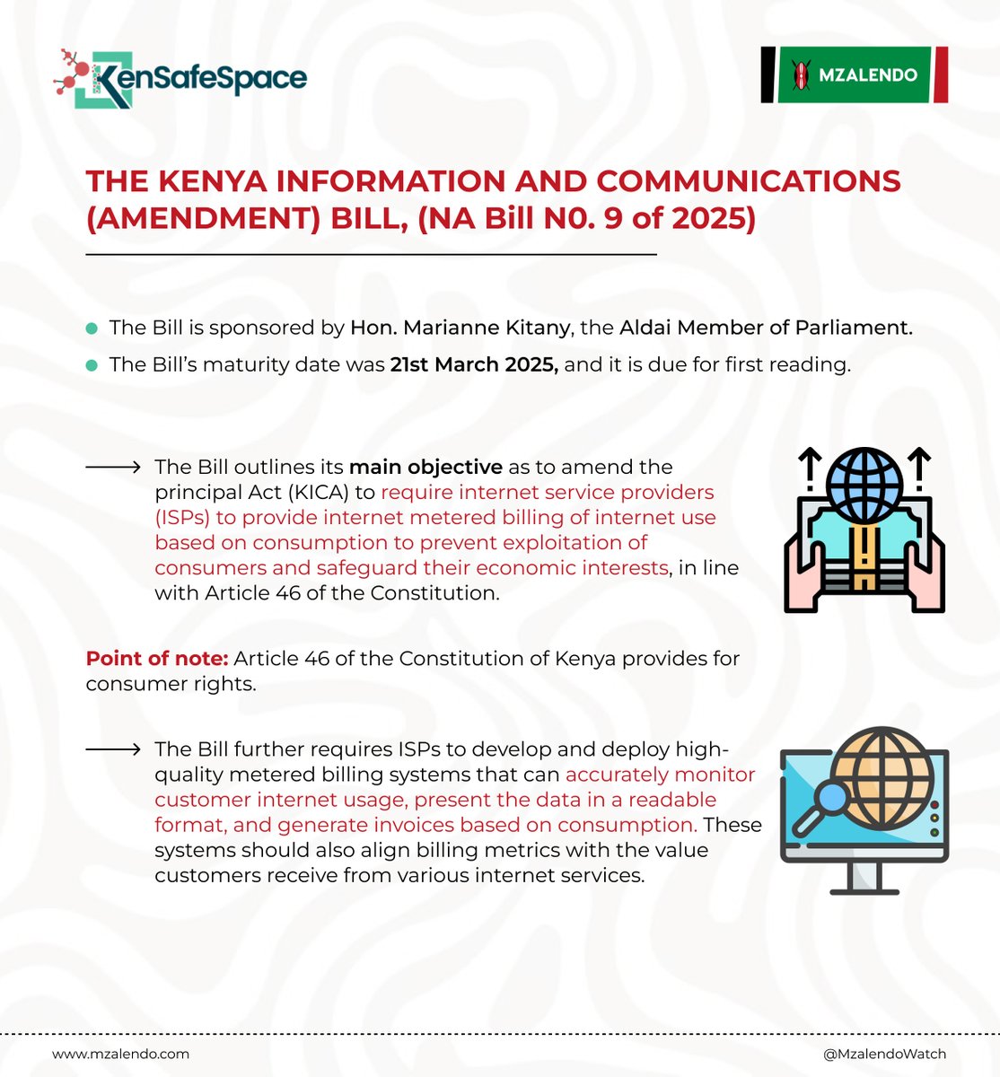What do you need to know about the Kenya Information and Communication (Amendment) Bill 2025 aka KICA Bill? 🧵

☑️ The Bill is sponsored by Hon. Marianne Kitany, the Aldai Member of Parliament.
☑️ The Bill’s maturity date was 21st March 2025, and it is due for first reading in