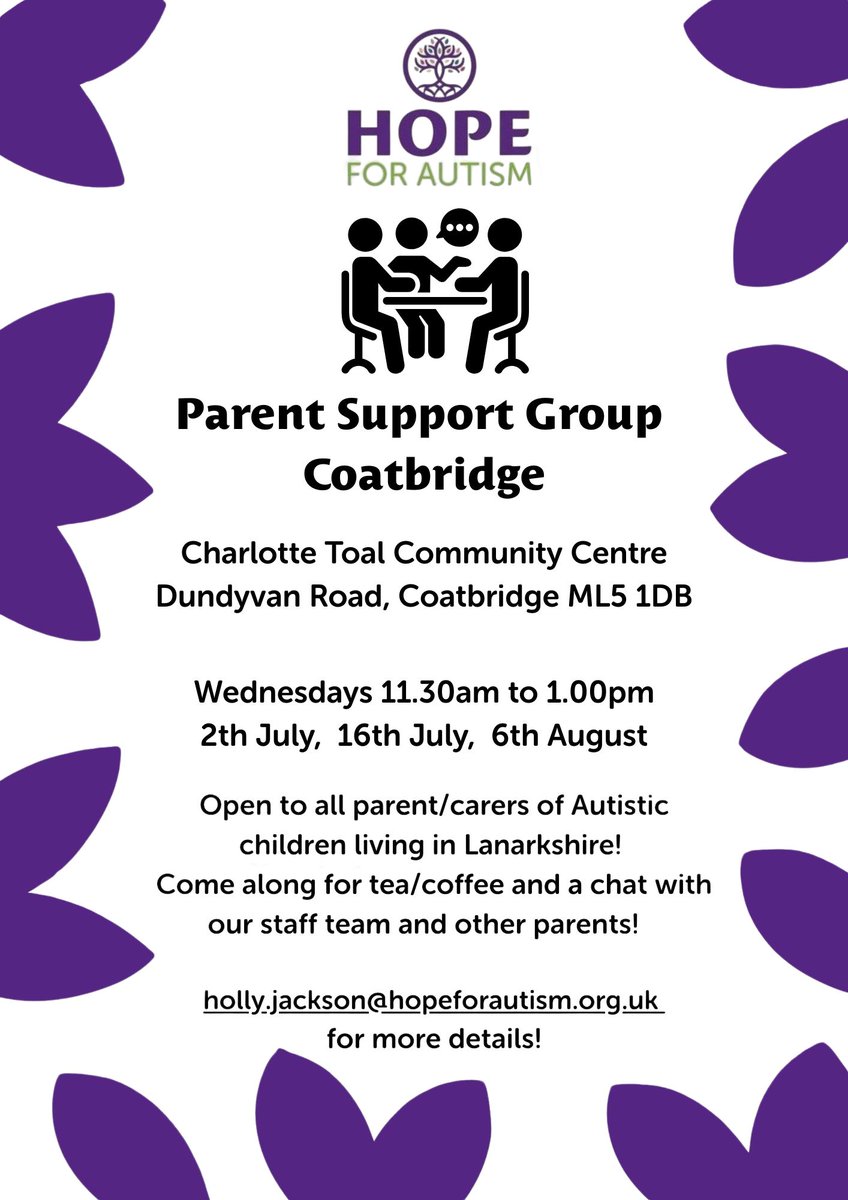 HOPE will be running a Parent Support Group over the summer in Coatbridge

These are open to any parent/Carer in Lanarkshire looking for peer support

Come and chat with HOPE staff and other parents raising autistic kids

holly.jackson@hopeforautism.org.uk
