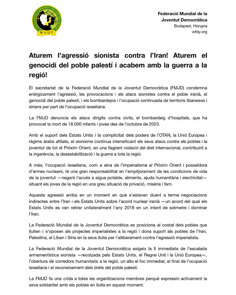 ‼️ L’Estat sionista intensifica l’agressió contra l’Iran i perpetua el genocidi del poble palestí amb el suport dels EUA, l’OTAN i la UE. Milers de civils assassinats, hospitals bombardejats, pobles destruïts.

📄 Llegeix el comunicat!