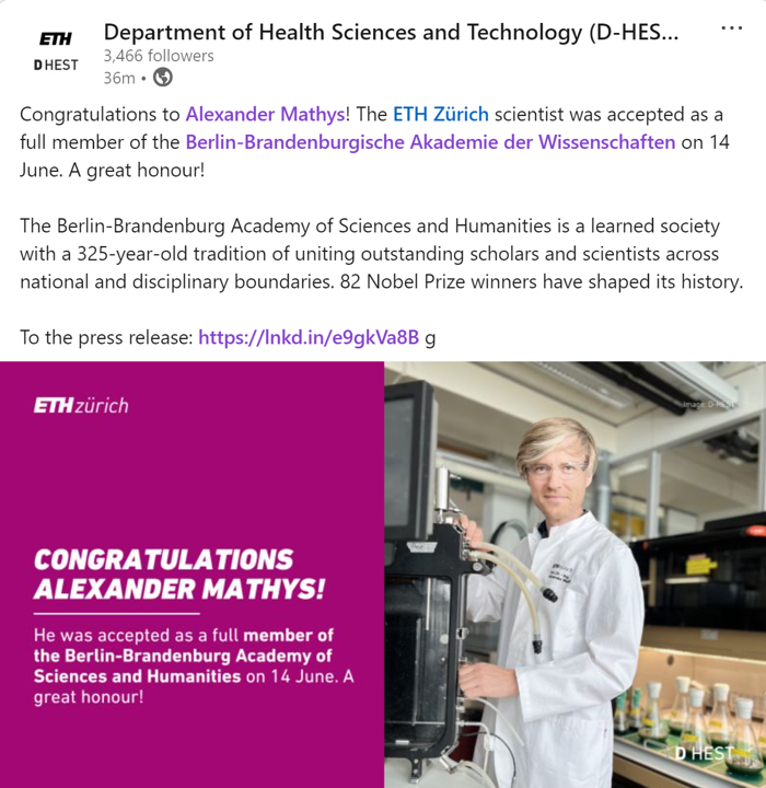 Thank you so much for this honor <a href="/bbaw_de/">BBAW</a> &amp;
<a href="/ETH_en/">ETH Zurich</a> &amp; D-HEST for all the support. Big thank you to the academy president Prof. <a href="/markschies/">Christoph Markschies @markschies.bsky.social</a> , the #Technological #Sciences #Class, Prof. Schubert &amp; Prof. Stommel, &amp; all academy members for the trust! linkedin.com/feed/update/ur…
