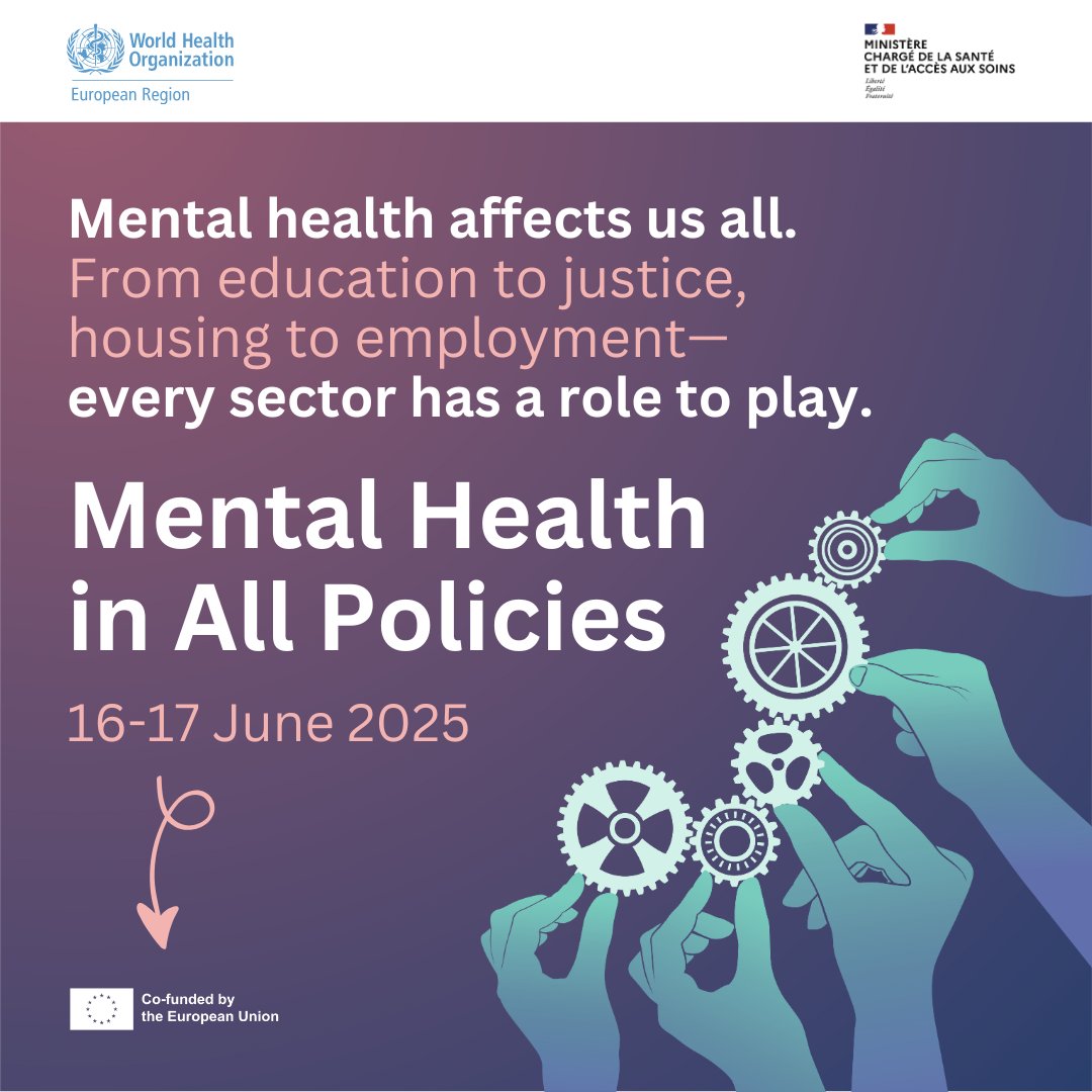 🎥 Live from Paris: the first WHO/Europe Conference on #MentalHealthinAllPolicies!
🗓️ Today &amp; tomorrow

👥 Policymakers, professionals &amp; people with lived experience from 34 countries
📣 Join the conversation shaping Europe’s mental health future.

🔗Watch bit.ly/MHinallpolicies