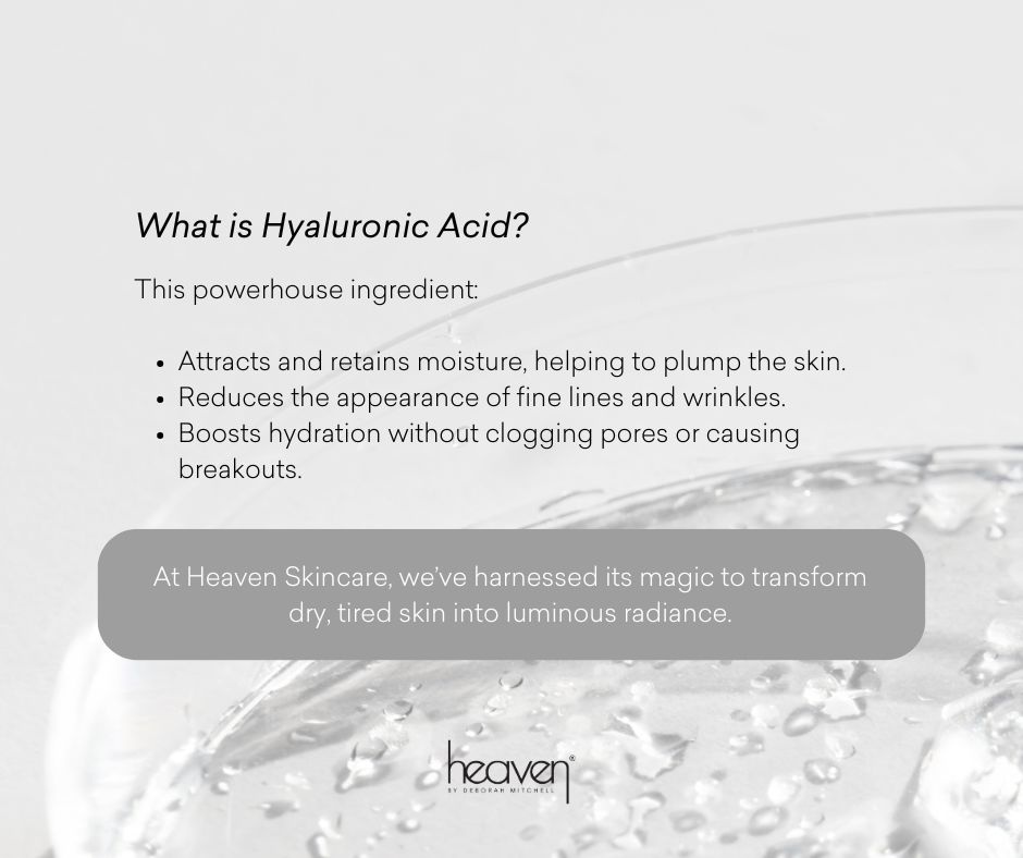 Ready to glow smarter?

Find out how Hyaluronic Acid helps keep skin youthful, plump, and deeply hydrated.💧

#heavenskincare #hydratedskin #HyaluronicAcid #GlowingSkin #SkincareIngredients #AntiAgeing