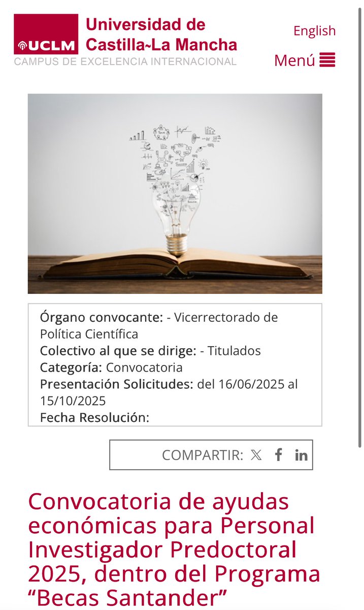 🎓 Abierta la convocatoria de ayudas económicas para predoctorales Banco Santander-UCLM 2025.
Una oportunidad para jóvenes investigadores que quieran desarrollar su tesis en la #UCLM.
📅 Plazo hasta el 15/10/25.
ℹ️ Más info: uclm.es/global/promoto…