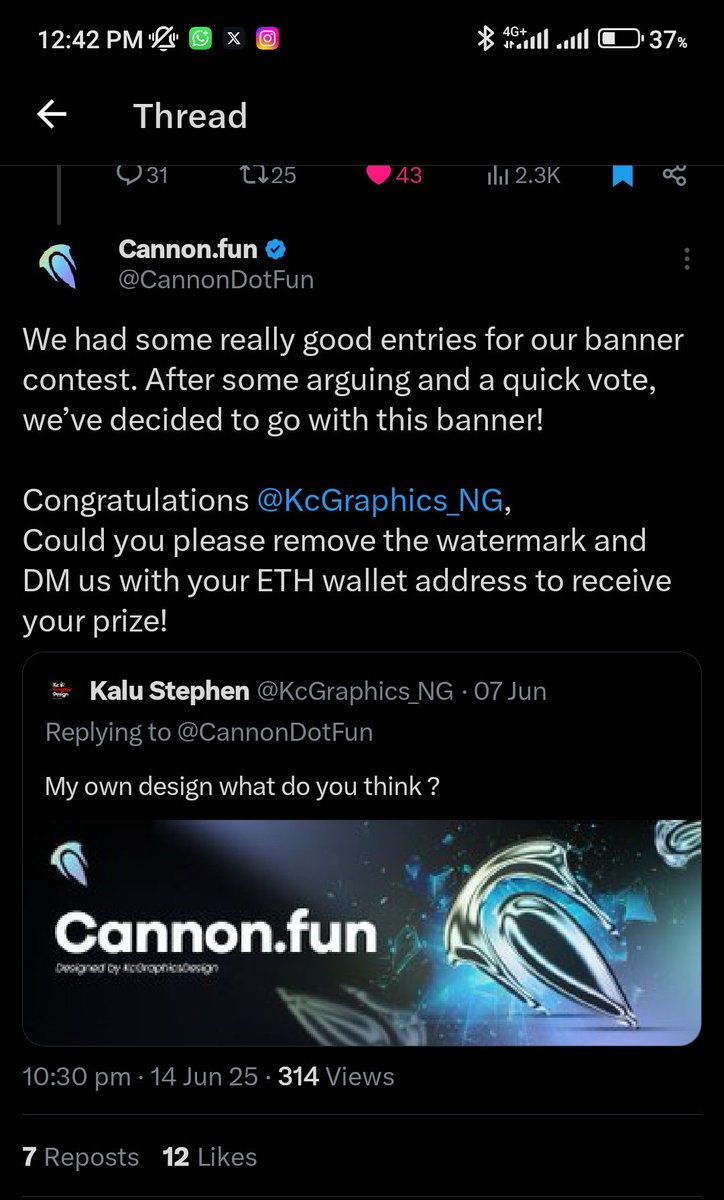 KcGraphics_NG's tweet image. I’ve always cheered on fellow designers sharing their wins, believing my time would come and it finally did! 🎉

I saw a $100 banner design challenge by CannonDotFun, gave it my best shot, and guess what? I WON! 🏆

Need sleek, functional designs? I’m your guy.