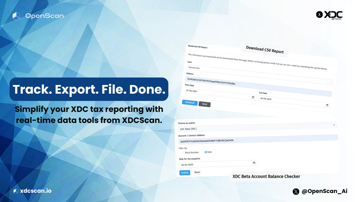 OpenScan_Ai's tweet image. Making $XDC tax reporting simple 🧾

Export transactions, view wallet snapshots &amp;amp; track everything live with XDCScan by @OpenScan_Ai.

📤 Export Data: xdcscan.io/exportData
📊 Balance Tool: xdcscan.io/balancecheck-t…
🌐 Explorer: xdcscan.io

#OpenScan #XDCNetwork #XDC