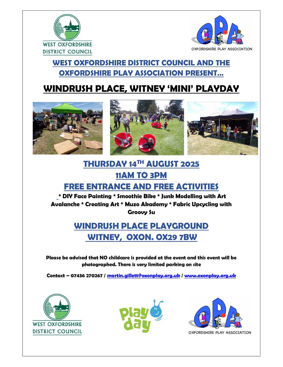 Oxon Play Assoc OPA (@oxonplay) on Twitter photo We are excited to be working with our friends from <a href="/WodcNews/">West Oxfordshire District Council</a> again in 2025 and to be returning to Windrush Place in Witney for our 2nd annual 'Mini' Playday π
FREE Entrance & FREE Activities to ensure an Inclusion for ALL! π
See You There! π We are excited to be working with our friends from <a href="/WodcNews/">West Oxfordshire District Council</a> again in 2025 and to be returning to Windrush Place in Witney for our 2nd annual 'Mini' Playday π
FREE Entrance & FREE Activities to ensure an Inclusion for ALL! π
See You There! π