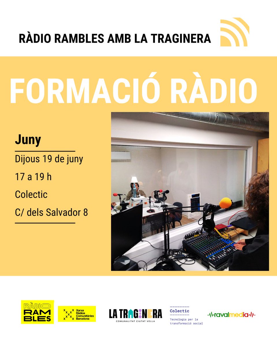 🎙️Formació de ràdio. 

Vine a conèixer el projecte de la ràdio comunitària i el seu funcionament tècnic. 

📆 Dijous 19 de juny de 17 a 19 h. 
📍 Al local de Colectic al C/ dels Salvador 8. 

Última sessió abans de l'estiu ☀️

✍️ Inscripcions gratuïtes: oficina.latraginera.org/apps/forms/s/Y…