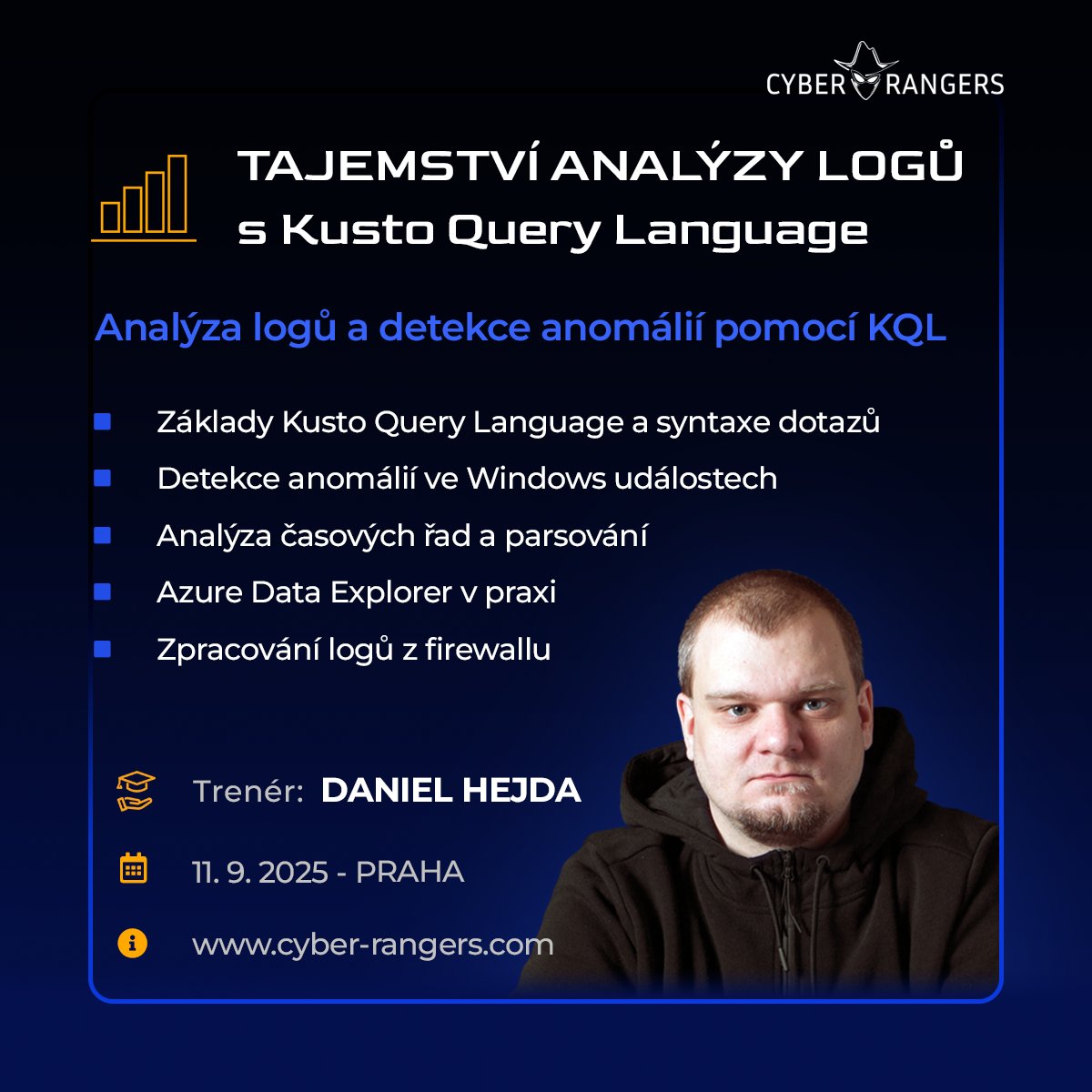 🎓 TRÉNINK: Tajemství analýzy logů s Kusto Query Language

Tento trénink tě naučí, jak pracovat s vyhledávacím jazykem KQL a jak z logů získat maximum užitečných informací.
   
🔗 Přihlášení: cyber-rangers.com/cs/trenink/taj…

 #CYB3RDAYS2025 #CyberTraining #CyberSecurity #CyberRangers