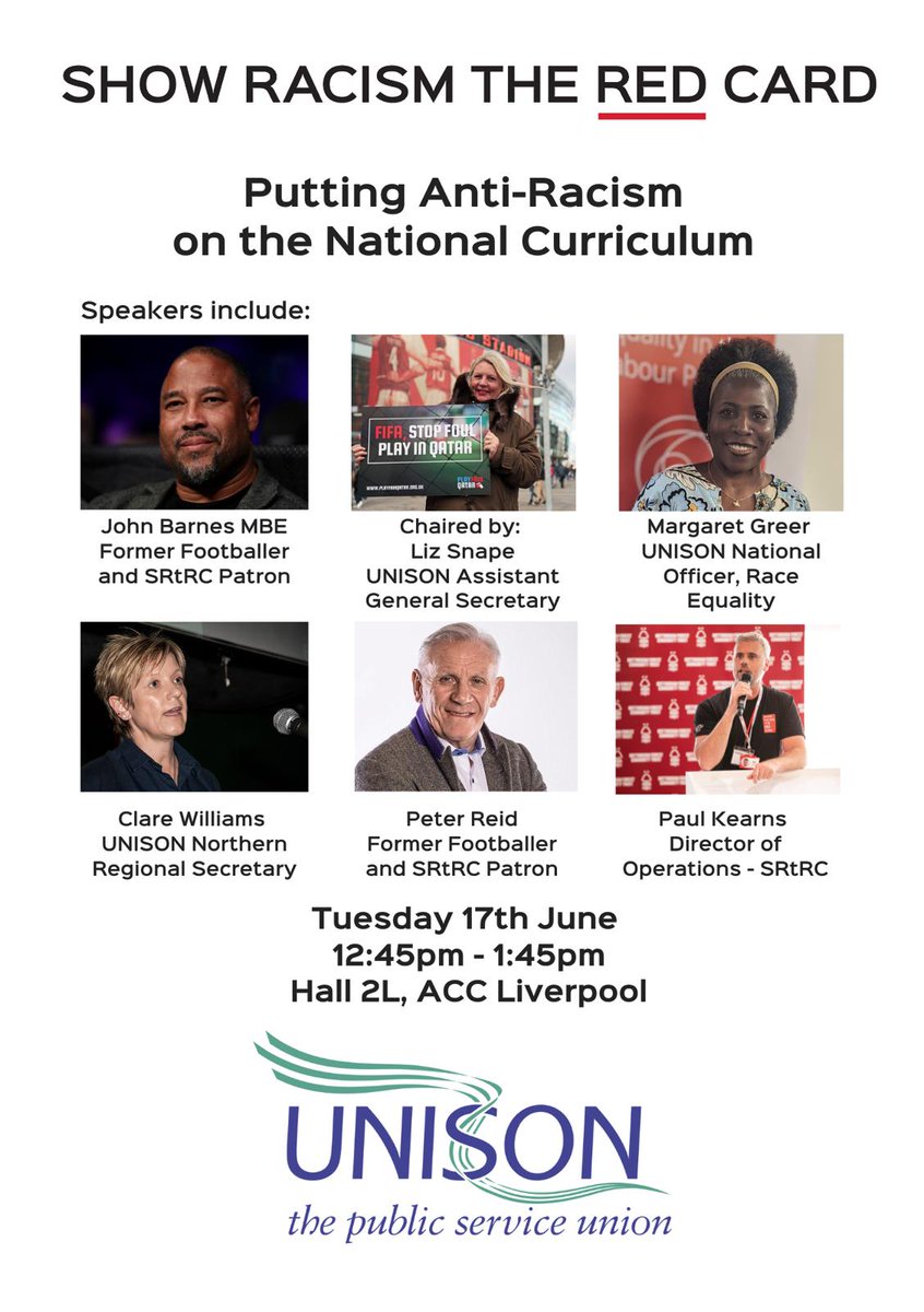 Ged Grebby (@gedgrebby) on Twitter photo If you are attending <a href="/unisontheunion/">UNISON - UK's largest union</a> Conference come to our stand and meeting tomorrow.
#ShowRacismtheRedCard
#antiracism #Education
<a href="/SRTRC_England/">Show Racism the Red Card</a> <a href="/reid6peter/">Peter Reid 💙</a> <a href="/theredcardwales/">SRtRC Wales | Cymru 🏴</a> <a href="/SRtRCScotland/">Show Racism the Red Card 🏴</a> <a href="/MetroMayorSteve/">Steve Rotheram</a> If you are attending <a href="/unisontheunion/">UNISON - UK's largest union</a> Conference come to our stand and meeting tomorrow.
#ShowRacismtheRedCard
#antiracism #Education
<a href="/SRTRC_England/">Show Racism the Red Card</a> <a href="/reid6peter/">Peter Reid 💙</a> <a href="/theredcardwales/">SRtRC Wales | Cymru 🏴</a> <a href="/SRtRCScotland/">Show Racism the Red Card 🏴</a> <a href="/MetroMayorSteve/">Steve Rotheram</a>