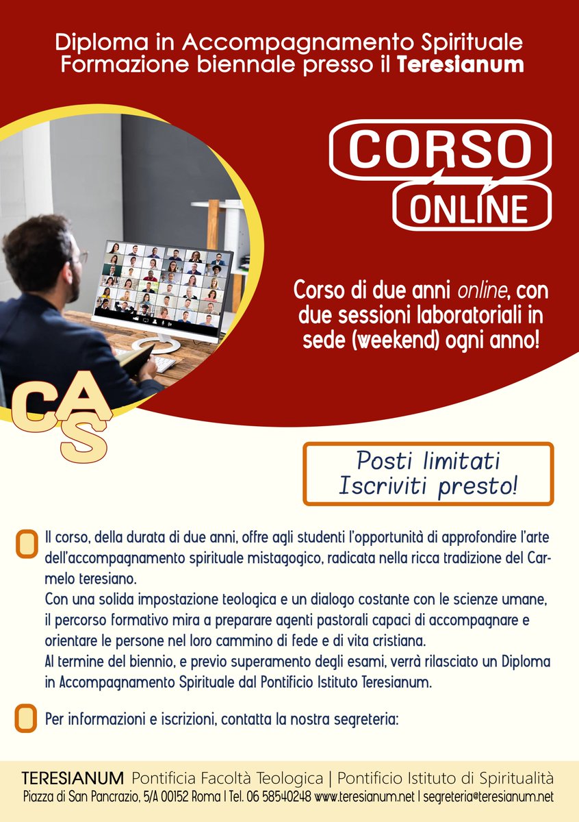 Diploma in Accompagnamento Spirituale presso il Teresianum
Biennale, con due sessioni laboratoriali in sede (weekend) ogni anno!
Posti limitati! Iscriviti presto!