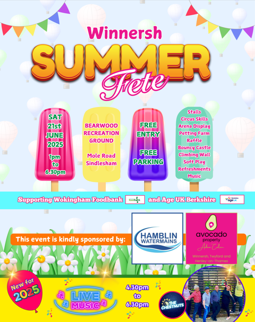 ParishWinnersh's tweet photo. Winnersh Summer Fete is this Saturday, 21st June!

Join us from 1pm for stalls, games, attractions and refreshments then live music from The ChestNuts from 4.30-6.30pm!

#winnersh #sindlesham #woky #wokingham https://t.co/gIvy6D3OYv